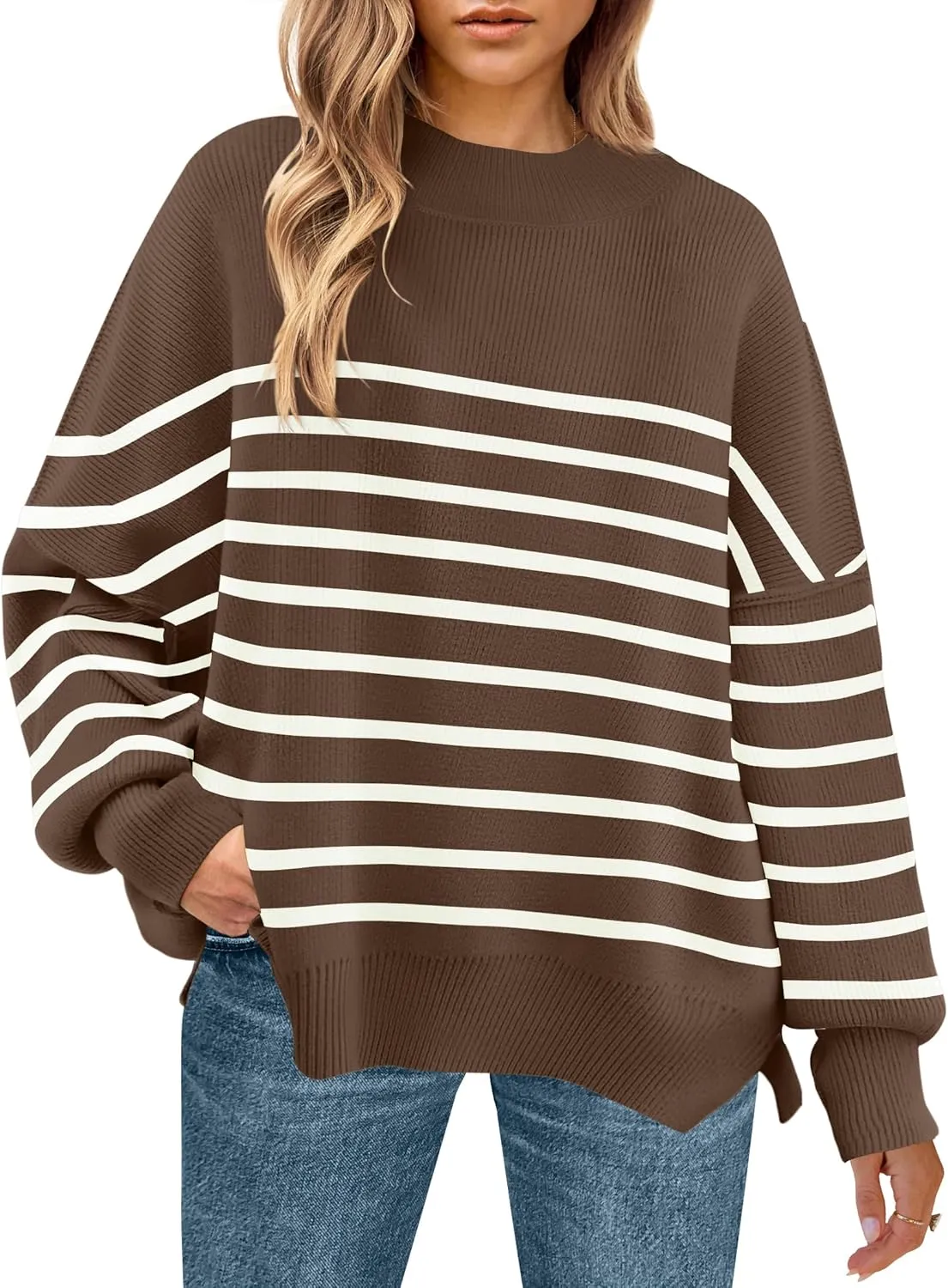 ZESICA Women's Winter Oversized Sweaters Long Sleeve Color Block Mock Neck Side Slit Comfy Loose Knitted Pullover Tops