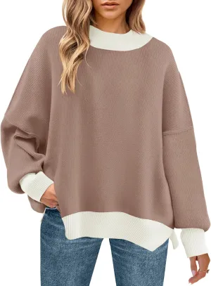 ZESICA Women's Winter Oversized Sweaters Long Sleeve Color Block Mock Neck Side Slit Comfy Loose Knitted Pullover Tops