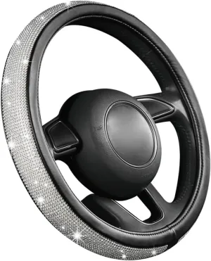 Ziciner Steering Wheel Cover, Bling Crystal Rhinestones Auto Wheel Protector, Sparkly Cover Universal Fit Diverse 14.5-15 inch Steering Wheel, Interior Decor Car Accessories (White)