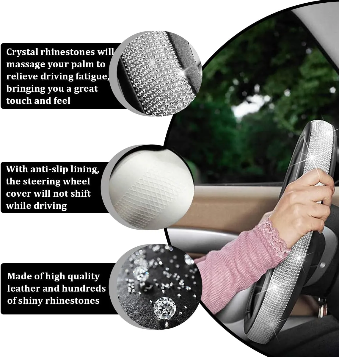 Ziciner Steering Wheel Cover, Bling Crystal Rhinestones Auto Wheel Protector, Sparkly Cover Universal Fit Diverse 14.5-15 inch Steering Wheel, Interior Decor Car Accessories (White)