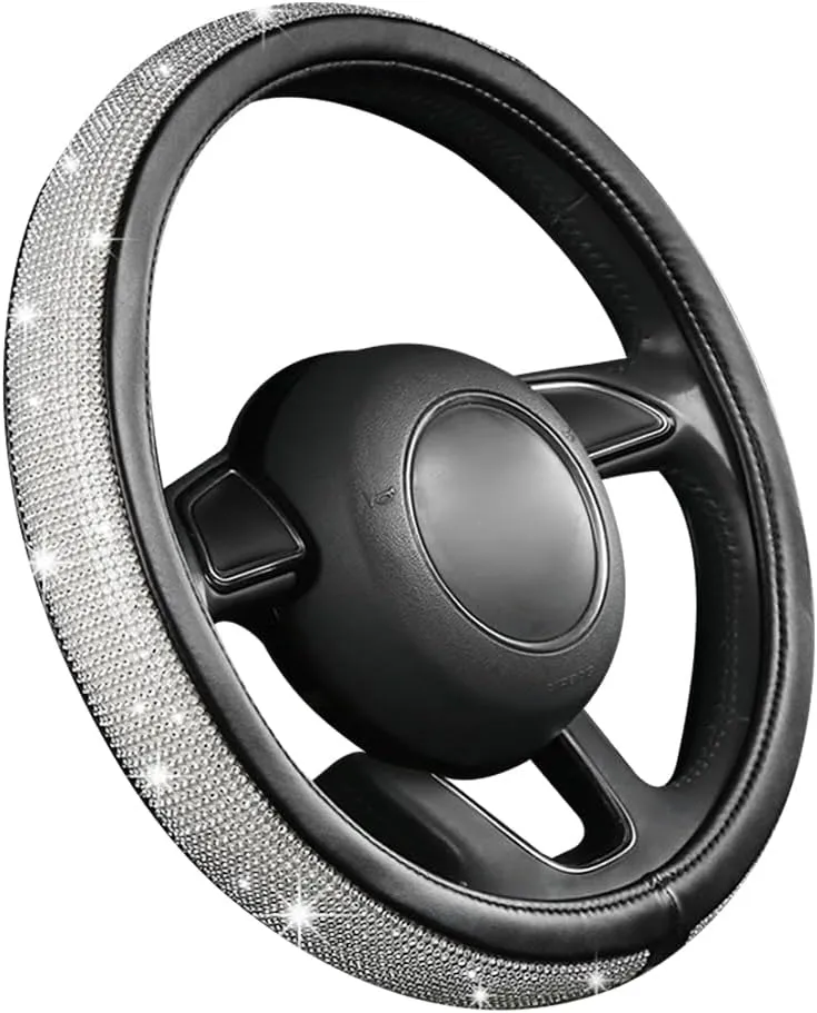 Ziciner Steering Wheel Cover, Bling Crystal Rhinestones Auto Wheel Protector, Sparkly Cover Universal Fit Diverse 14.5-15 inch Steering Wheel, Interior Decor Car Accessories (White)
