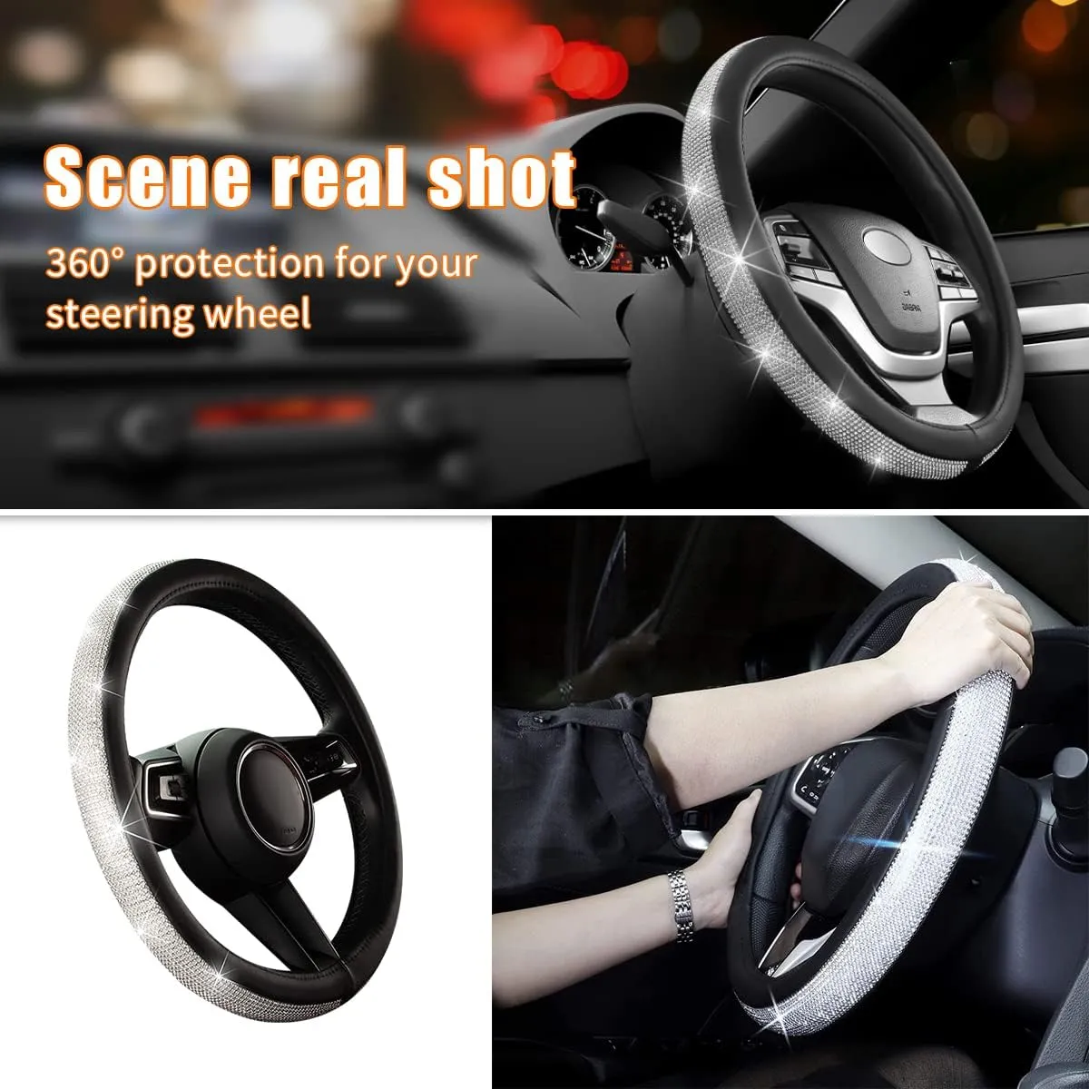 Ziciner Steering Wheel Cover, Bling Crystal Rhinestones Auto Wheel Protector, Sparkly Cover Universal Fit Diverse 14.5-15 inch Steering Wheel, Interior Decor Car Accessories (White)