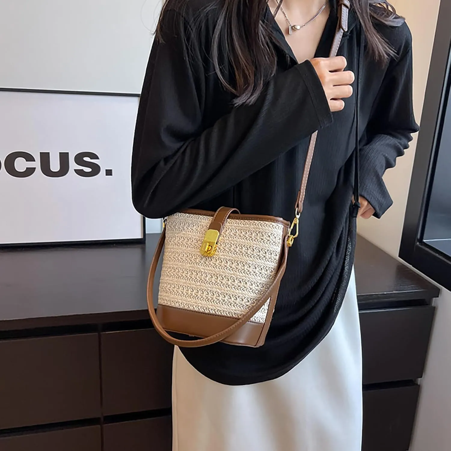 ZLM BAG US Women's Straw Top Handle Bag Handwoven Crochet Crossbody Shoulder Bag Summer Hobo Purse