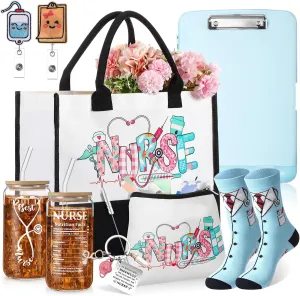 Zopeal Nurse Graduation Gifts for Women 2025, Nursing Graduation Gifts Bulk Includes Badge Holder Reel, Tote Bag, Makeup Bag, Socks, Keychain, Cup, and Clipboards(Blue)