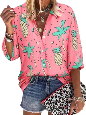 ZXZY Women Pineapple Printed Lapel Collar Half Sleeves Buttons Down Blouse Shirt